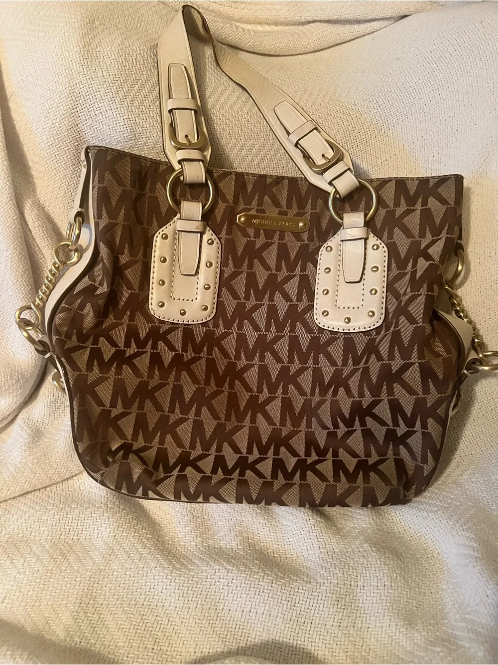 Michael Kors Brown MK Logo Tote with Cream Accents